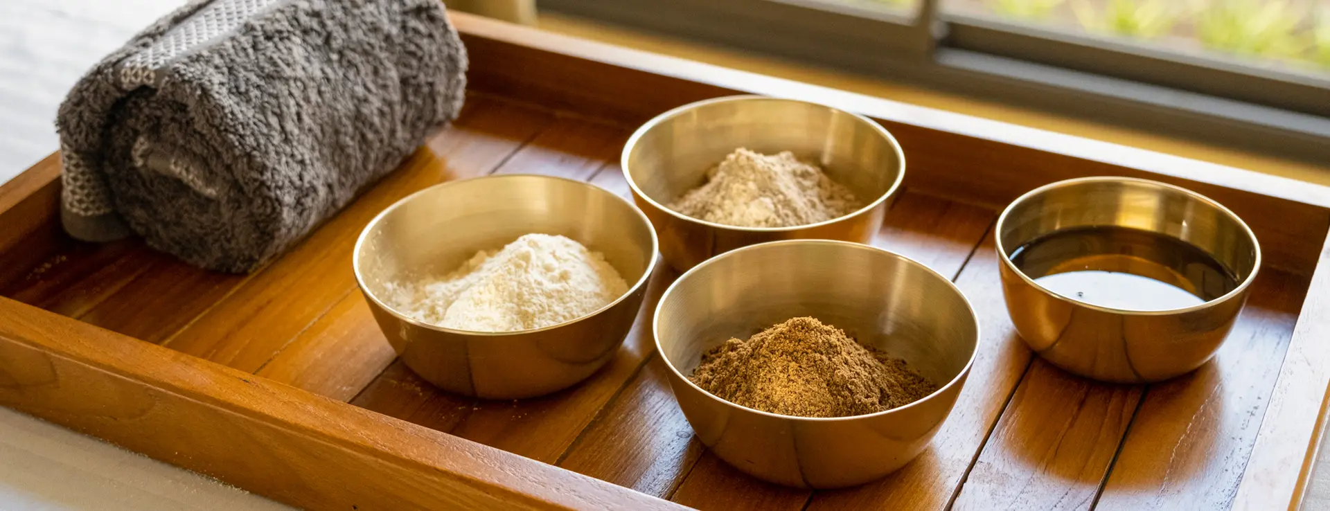 Wooden tray with brass bowls of powders and oil, at Swastik's Integrated Healing Center for cognitive wellness.