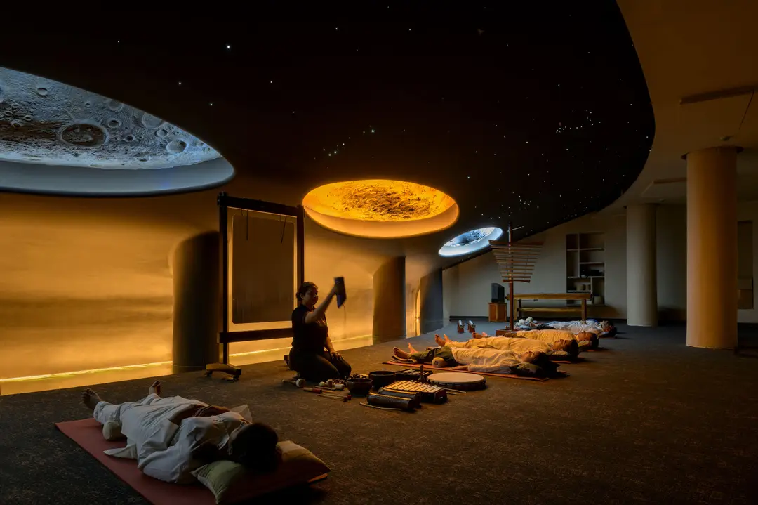 sonorium Sound healing in Ninadika Sonorium at Swastik Anand Vihar, providing relaxation and rejuvenation in a luxury wellness center setting.