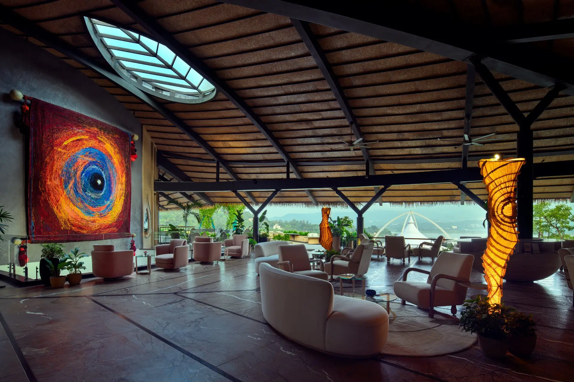 Aagam Reception at Swastik Anand Vihar, offering panoramic Khadakwasla Lake views for a memorable wellness retreat experience