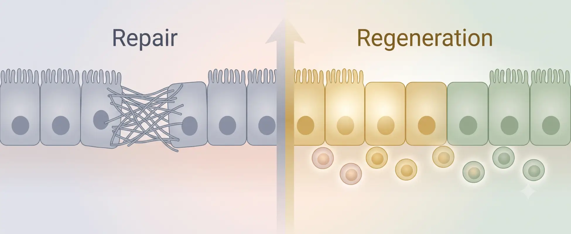 Cellular repair vs true regeneration explained Tissue repair with collagen scar versus cellular regeneration rebuilt by stem cells