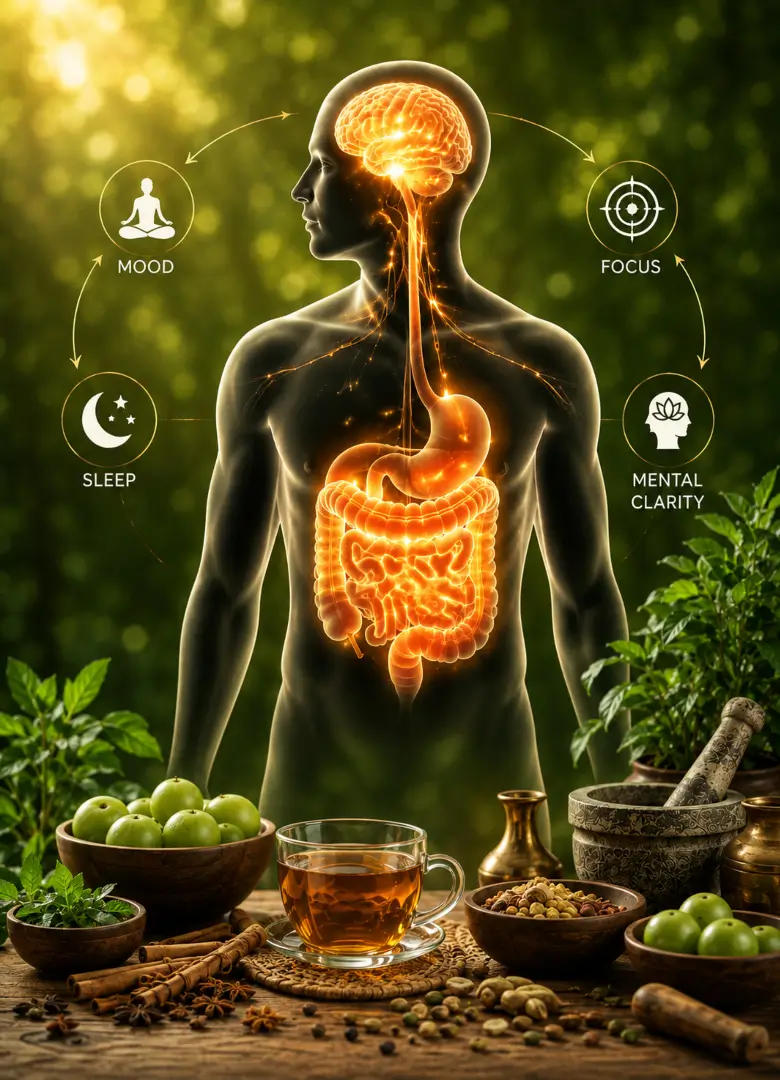 Gut-brain axis diagram showing the vagus nerve connecting gut and brain