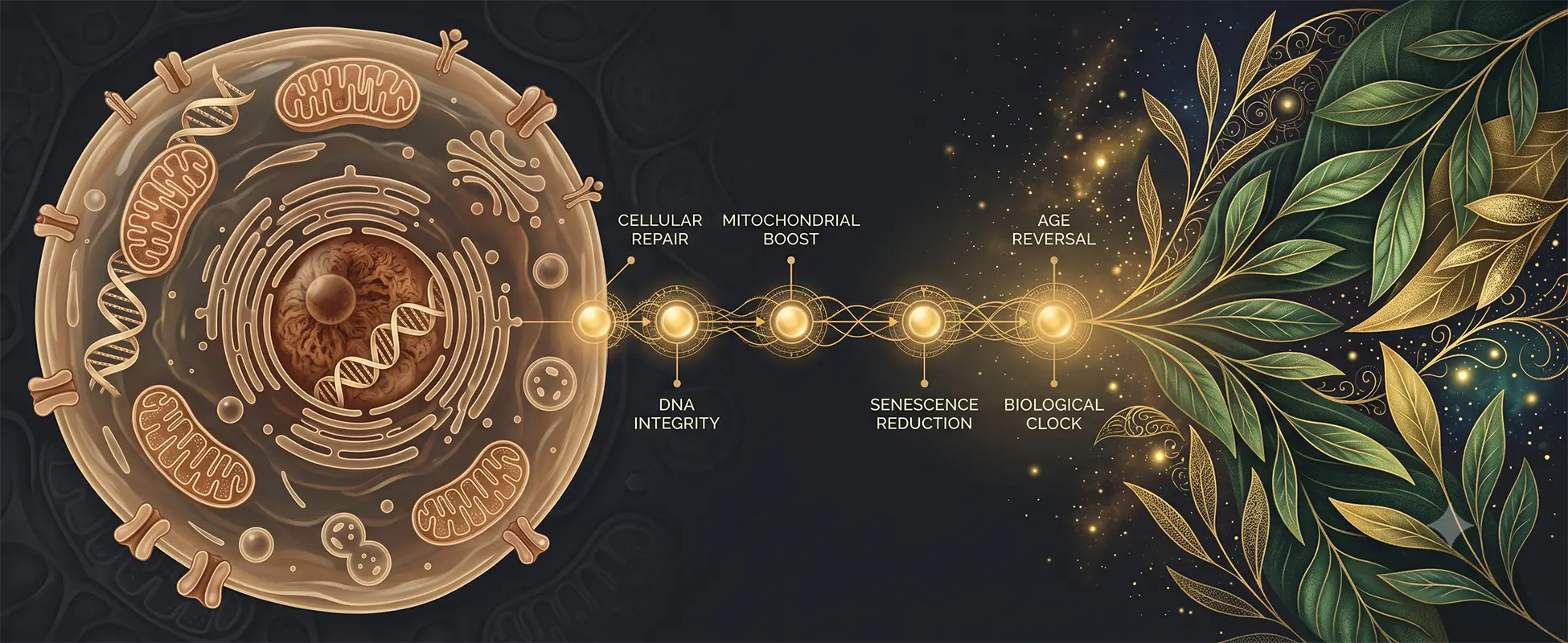 Cellular vitality and regenerative ageing pathway diagram Cell with DNA and mitochondria linked by a golden pathway to green leaves