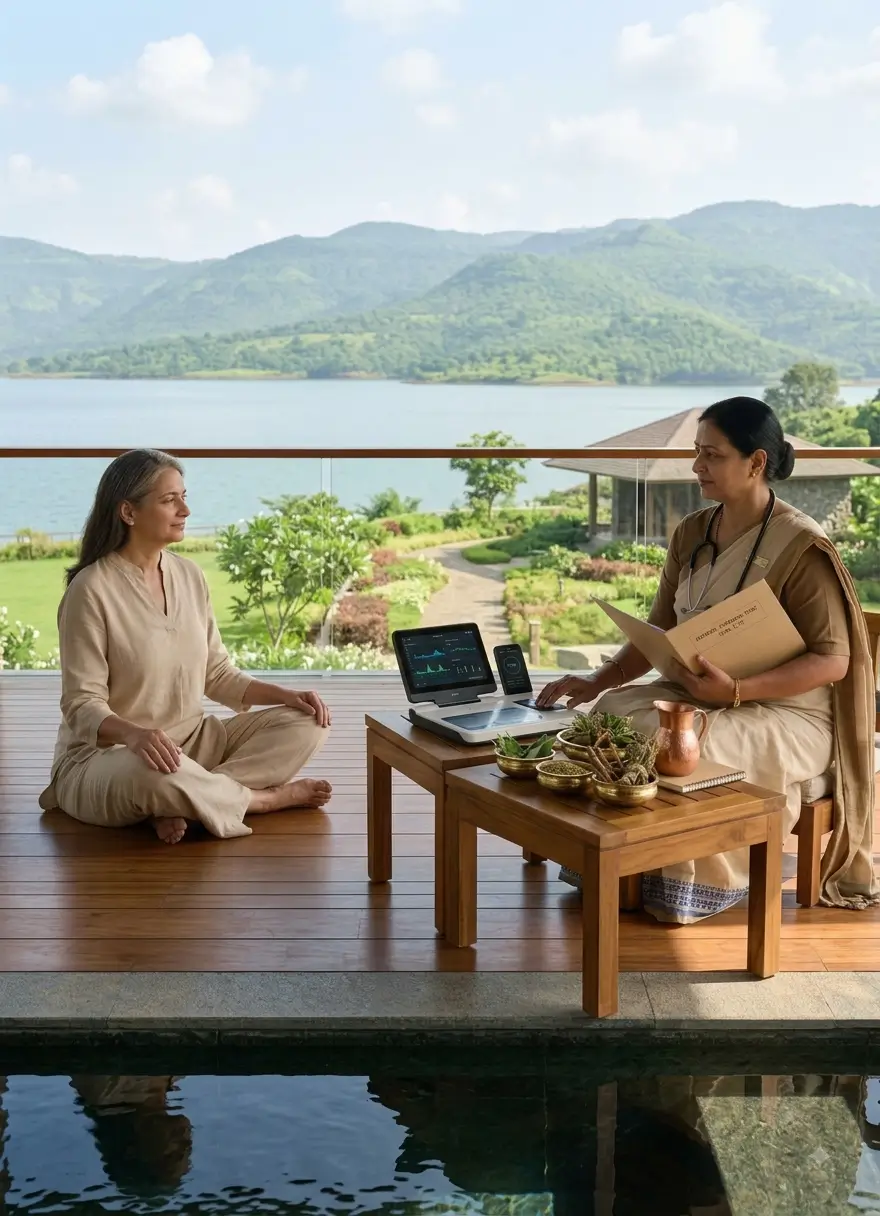 Ayurvedic physician and guest at a metabolic assessment near Pune