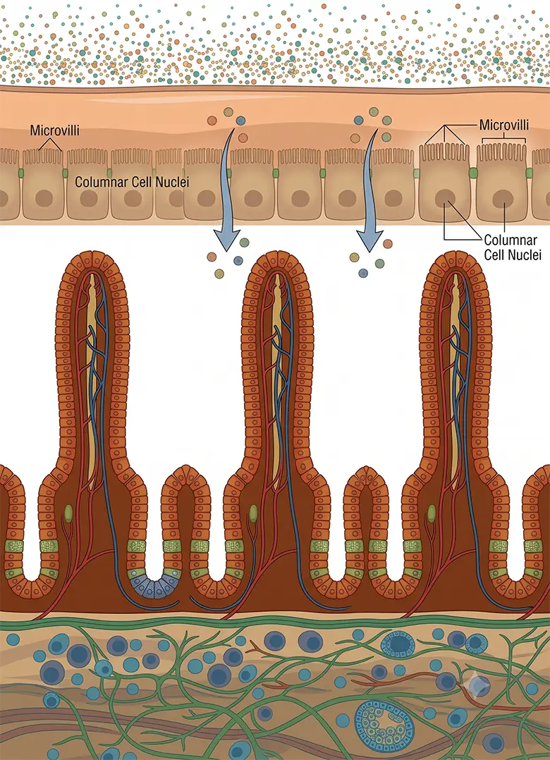 Cross-section diagram of intestinal villi, microvilli and cell nuclei