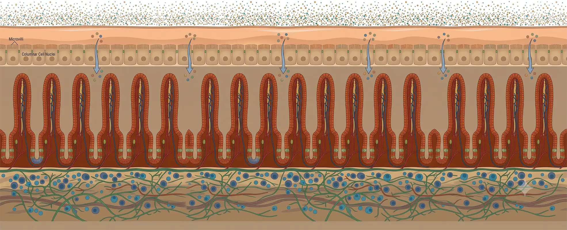 Cross-section diagram of intestinal villi, microvilli and cell nuclei Intestinal villi and columnar cell diagram