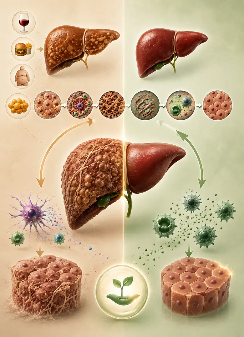 Vertical diagram of a fibrotic liver reversing to a healthy regenerated liver with cell-stage circles