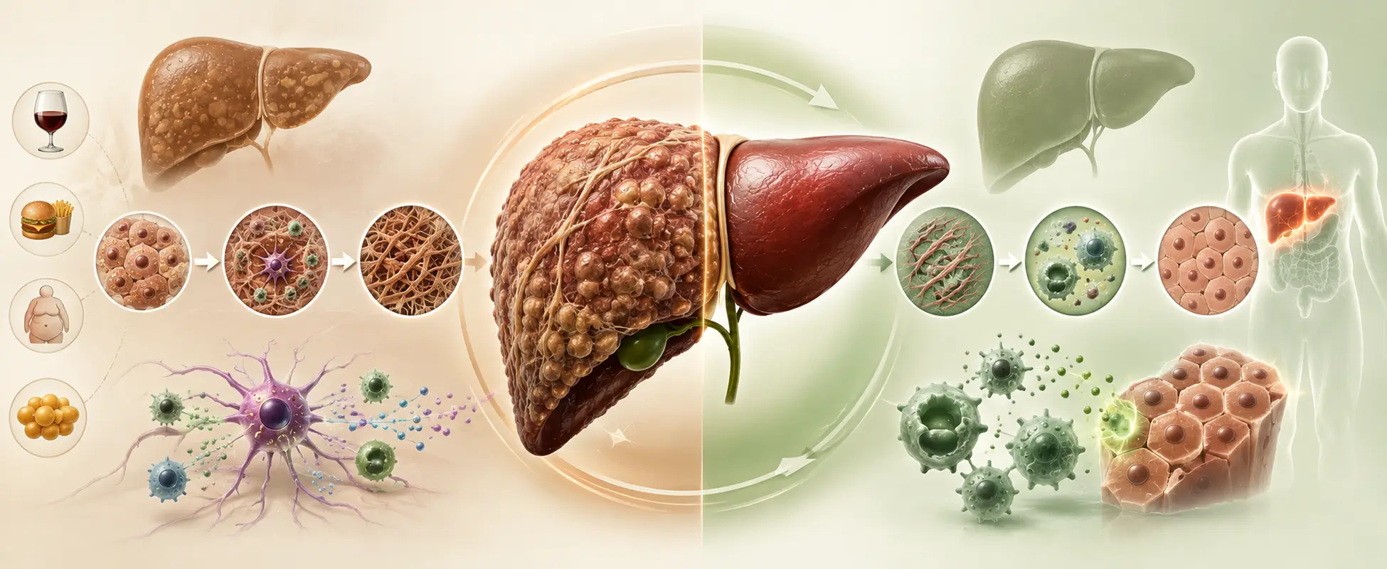 Liver Regeneration and Fibrosis Reversal Science Split diagram: fibrotic liver from alcohol and diet on one side, healthy regenerated liver on the other