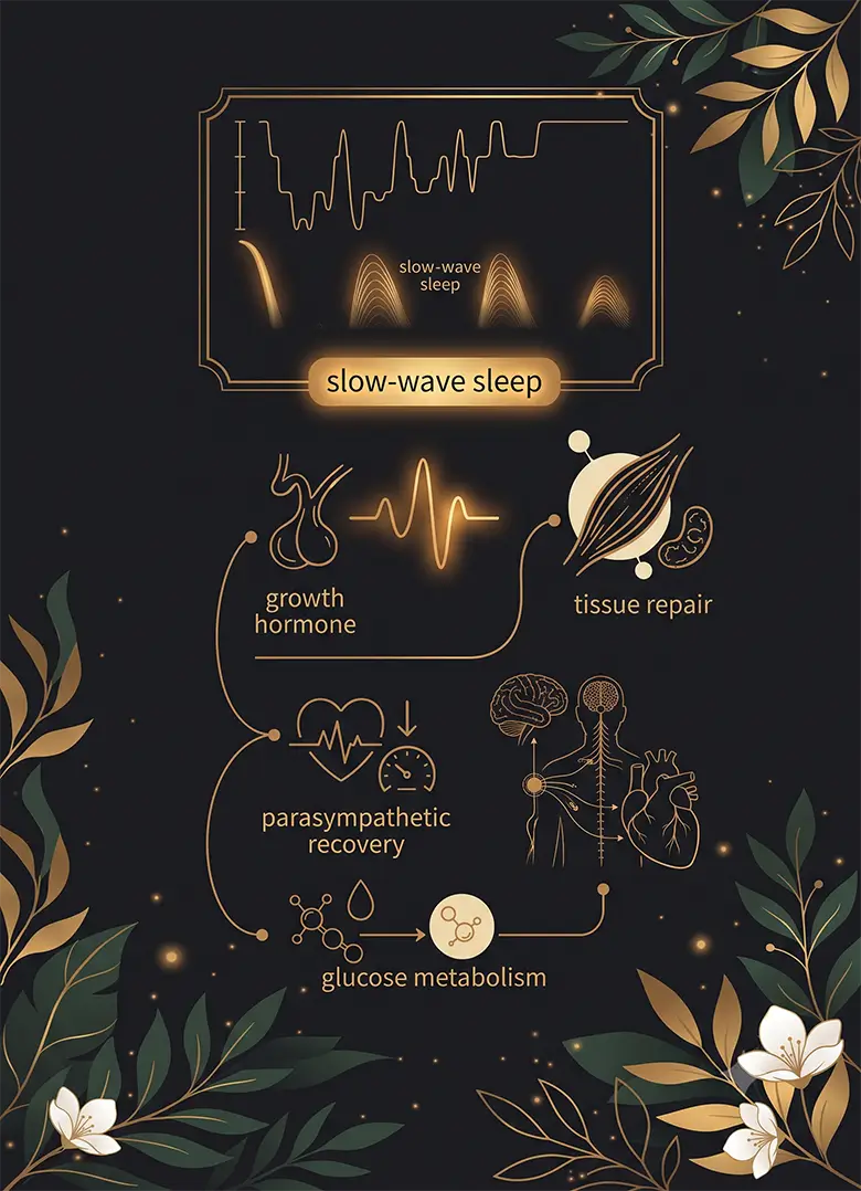 Gold line-art diagram of slow-wave sleep driving growth hormone and recovery