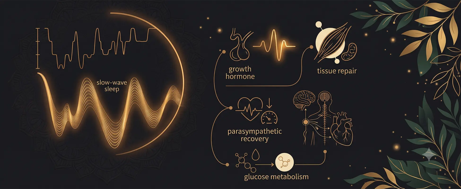 Slow-wave sleep and physical regeneration diagram Gold line-art diagram of slow-wave sleep driving growth hormone and recovery