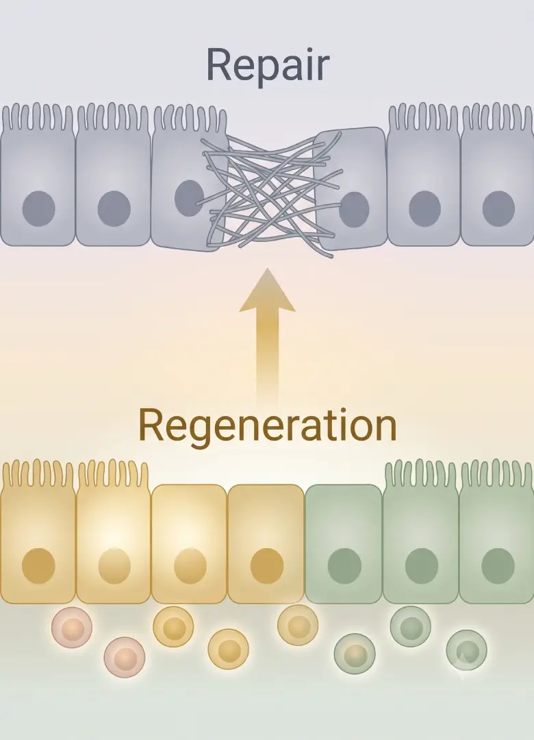 Tissue repair forming collagen scar above, stem cell regeneration rebuilding below