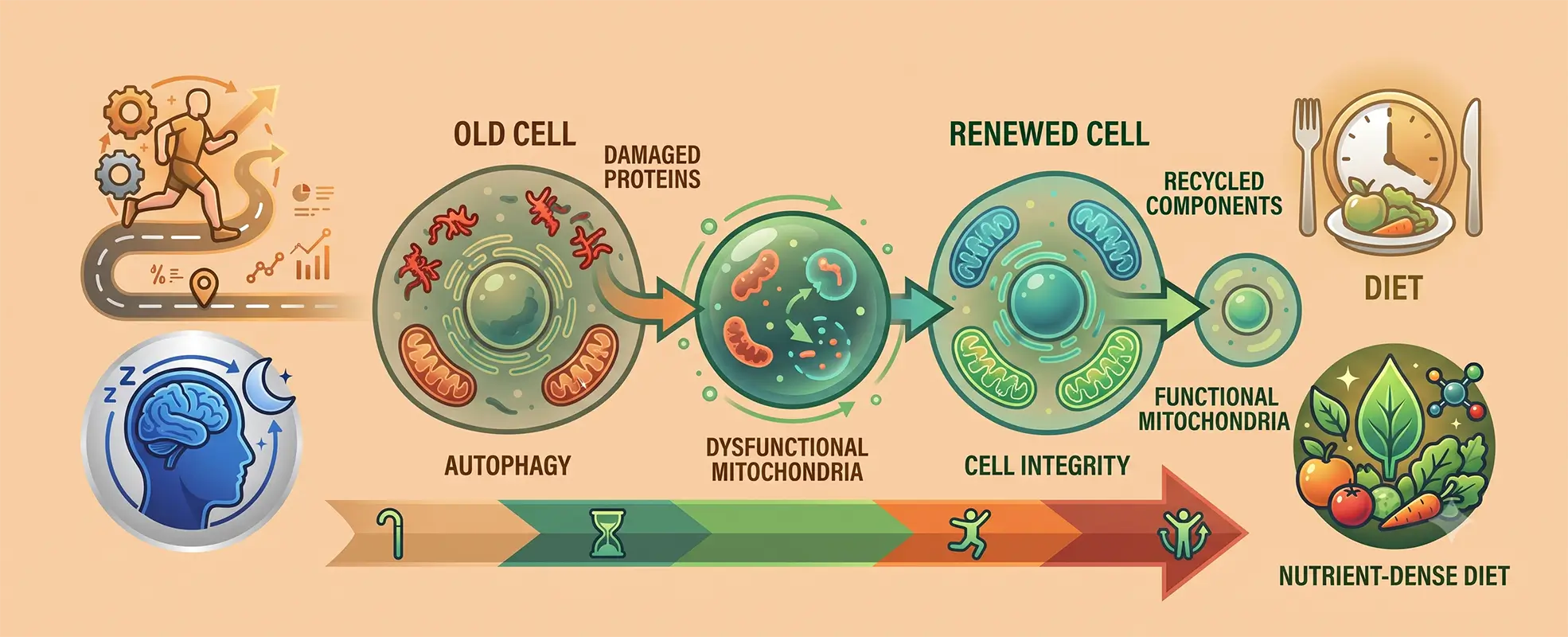 Autophagy The Cellular Recycling System Redefining Healthy Ageing_new_desk Illustration of a cell recycling damaged proteins and mitochondria through autophagy to support healthy ageing