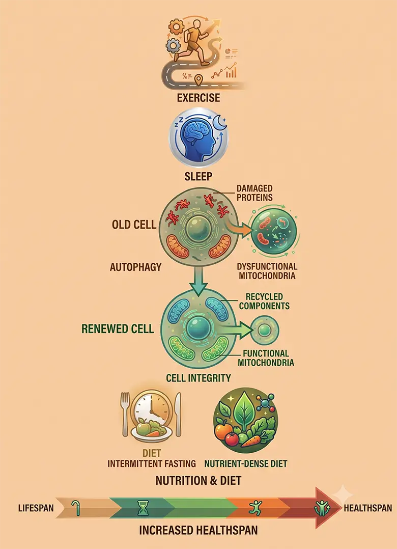 Autophagy The Cellular Recycling System Redefining Healthy Ageing_new_mob Illustration of a cell recycling damaged proteins and mitochondria through autophagy to support healthy ageing