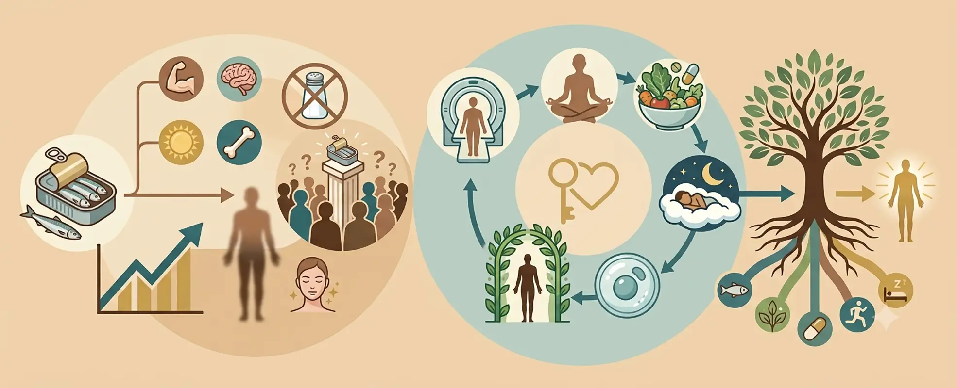 Sardinemaxxing icons beside a cellular vitality cycle of assessment, sleep and nutrition