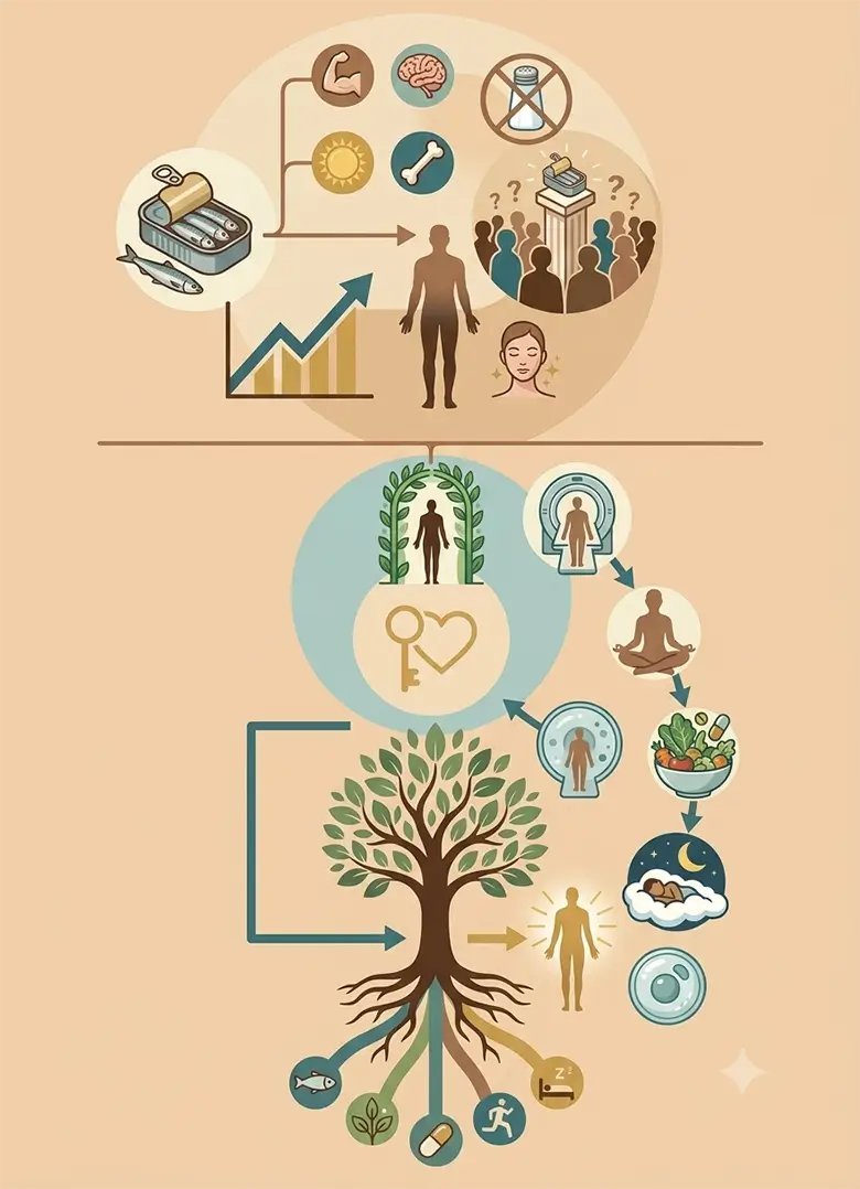 Sardinemaxxing icons beside a cellular vitality cycle of assessment, sleep and nutrition