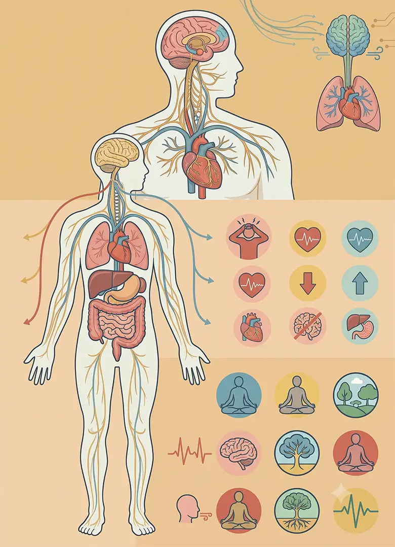 The Vagus Nerve (2) Vagus nerve illustration linking brain, heart and gut, with breathwork and nature icons