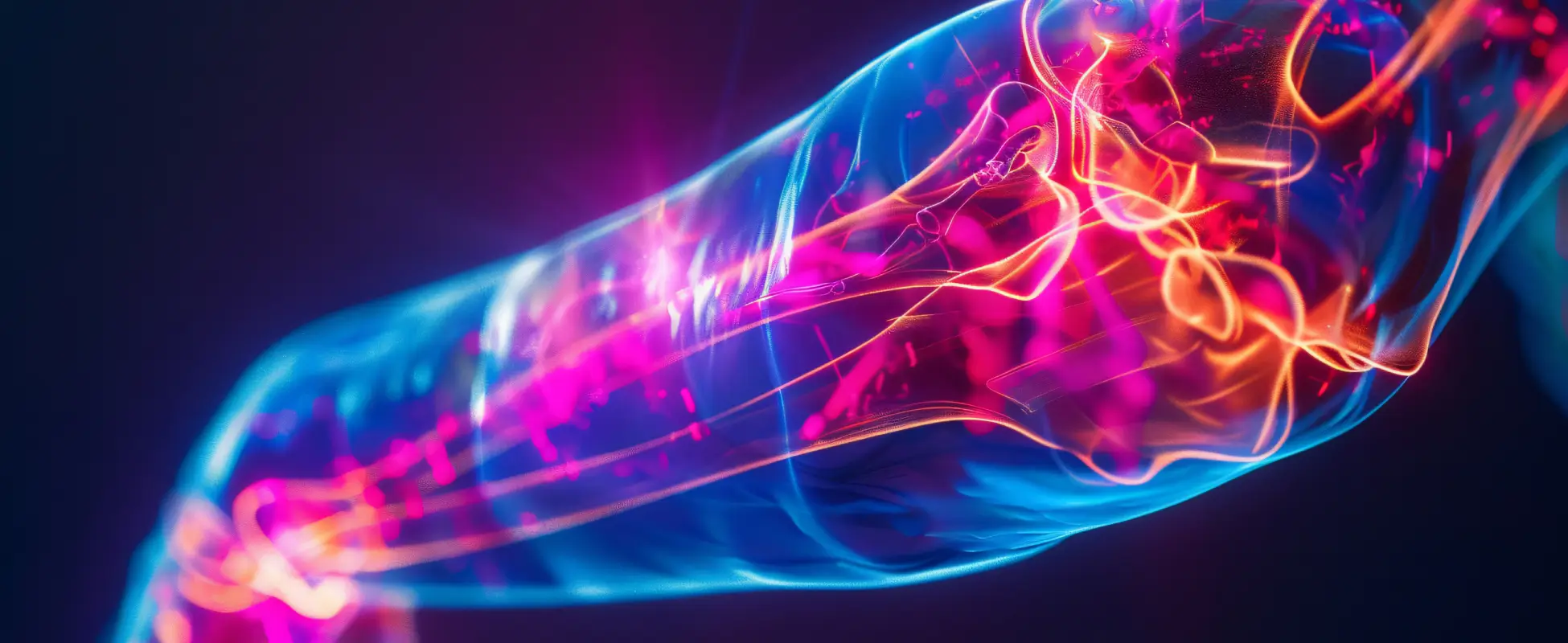 Abstract glowing nerve-like filaments in blue, pink and orange on a dark background