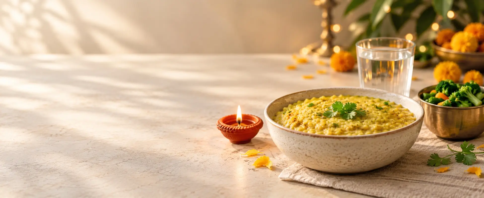 Moong dal khichdi and a lit diya for a gentle post-Diwali detox