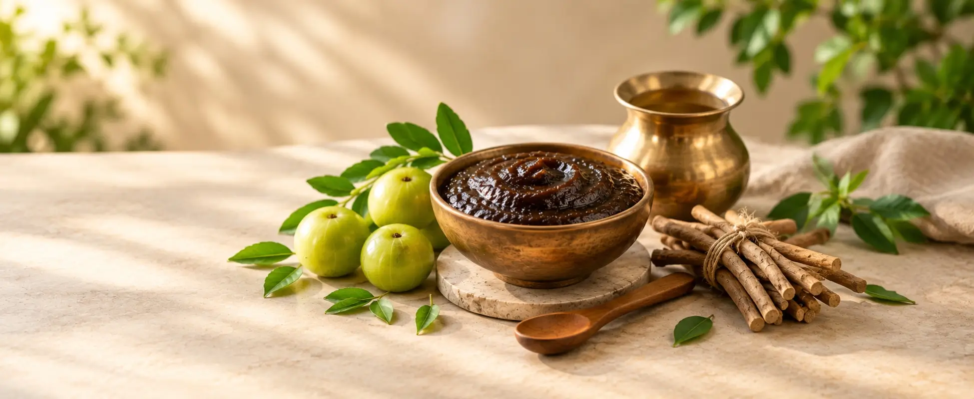 Amalaki, ashwagandha root and Chyawanprash used in Ayurvedic Rasayana therapy